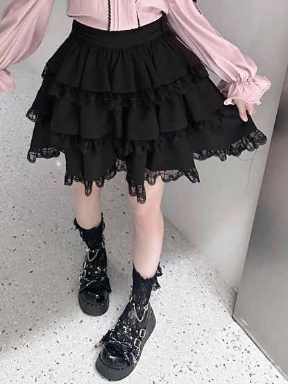 Jirai Trim Skirt Kei 3-Tiered with Lace Black