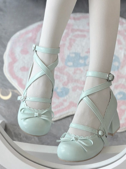 PU Lolita Janes Grass Mary - Bow Style Shoes Mid-heel Green with Top