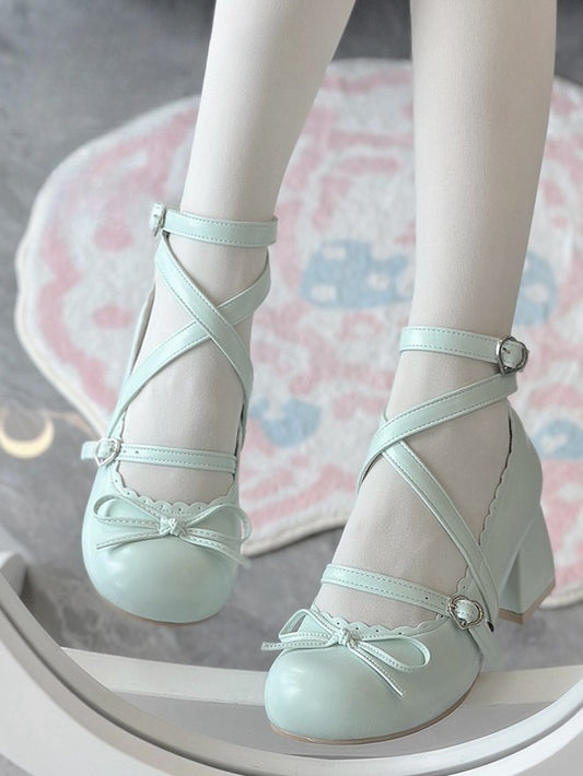 PU Lolita Janes Grass Mary - Bow Style Shoes Mid-heel Green with Top