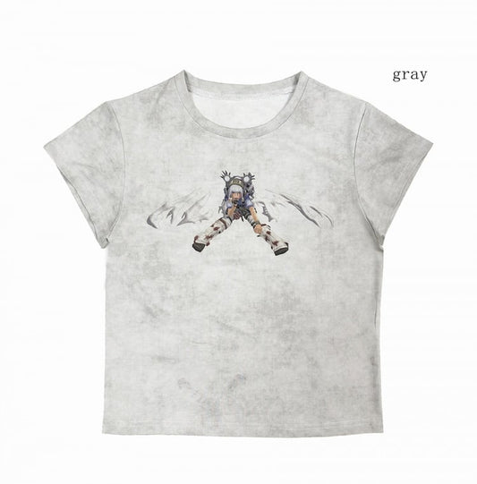 ホワイトグレーサイバーパンクグラフィックTシャツ