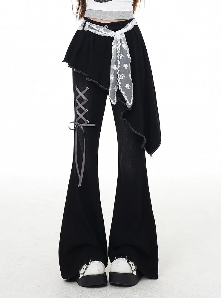 ウエストレースベルトフレアパンツブラックアシンメトリーヘムレースアップフェイクツーピースディテール