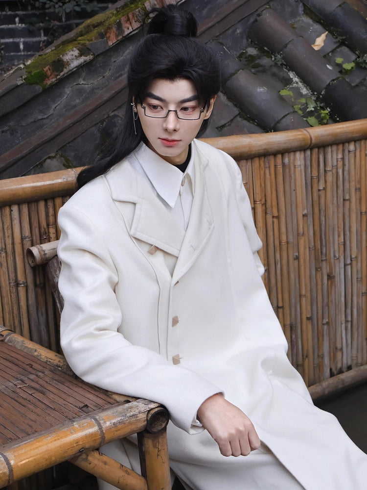 in Style Beige Chinese Coat Vent Design Unisex Front Buttoned Scarf Side Set with