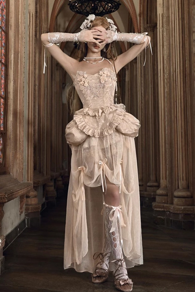 Apricot V-Neck Sleeveless High-Waisted Ruffle Lace Fishbone Corset Skirt Set
