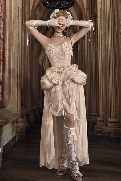 Apricot V-Neck Sleeveless High-Waisted Ruffle Lace Fishbone Corset Skirt Set