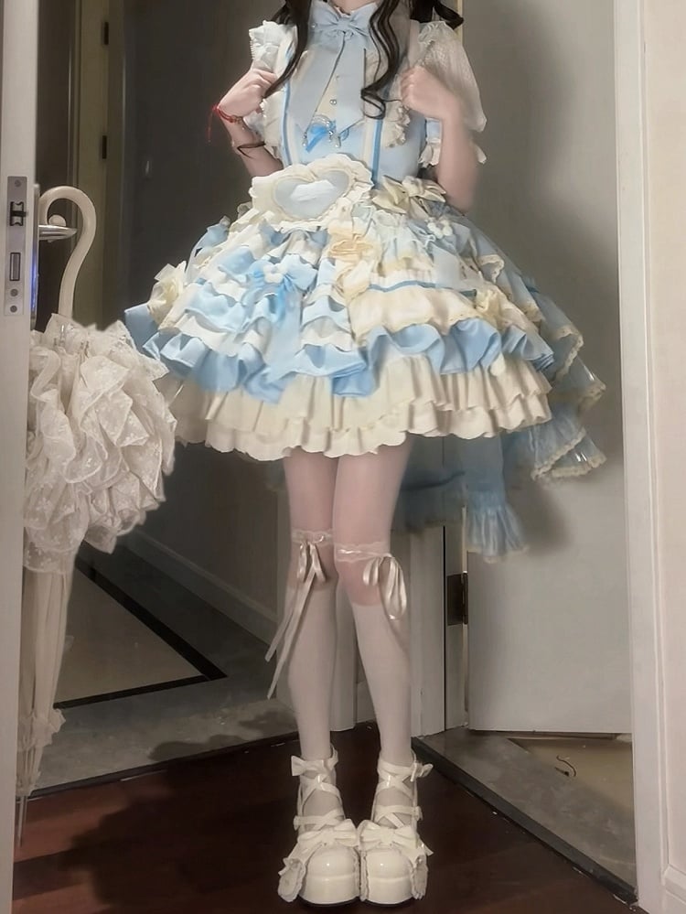 Kleid Taille Tiered Rüschen Lolita Blau Dekoration Bowknot Hohe Süße Rock