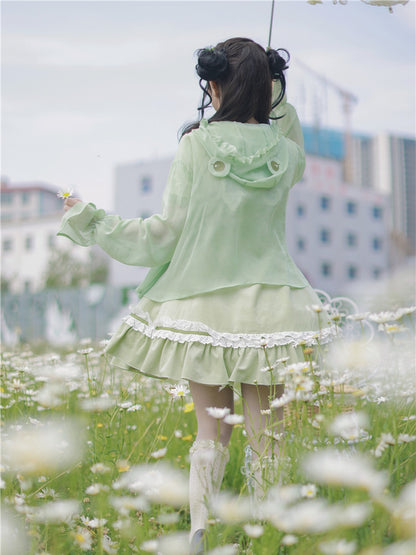 Halbtransparentes Sonnenschutz-Oberteil mit Froschhaube, hellgrüner Chiffon