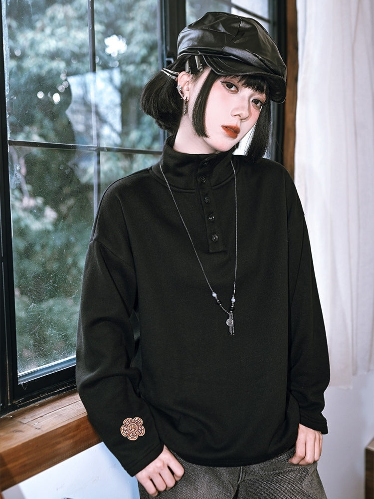 Long Sleeve Partial Placket - Gothic Black Neck Button Top Mock with Design