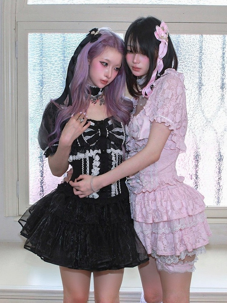Pink Jacquard Tiered Skirt with Lace and Garter - HBreaker