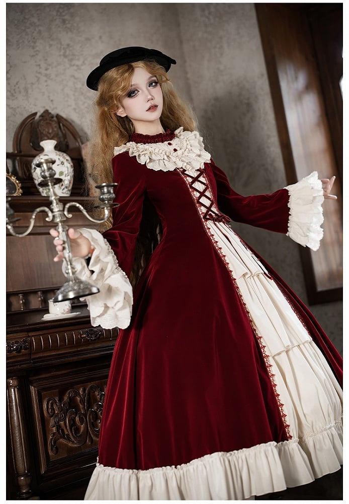 Eyelet Red Winter Beige with Scalloped Velvet Dress Trims Ruffle Neckline Lolita