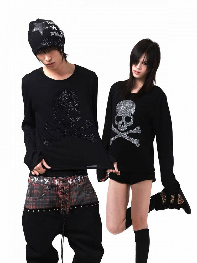 Unisex Black Round-Neck Breathable Tee with Silver Skull Rhinestones - DETW OnLine