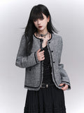 Structured Trim Gray Raw PU Fall Edges Black Crop Jacket with