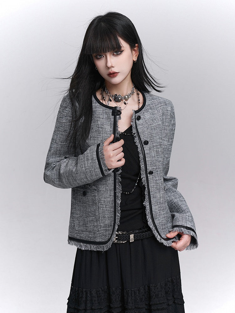 Structured Trim Gray Raw PU Fall Edges Black Crop Jacket with