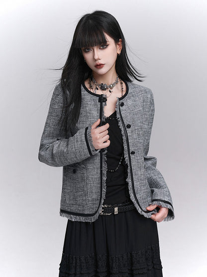 Structured Trim Gray Raw PU Fall Edges Black Crop Jacket with