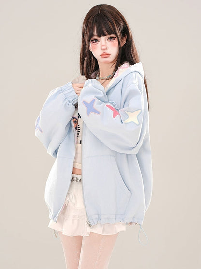 Blue Cute Puppies Pattern Reversible Zip Hoodie