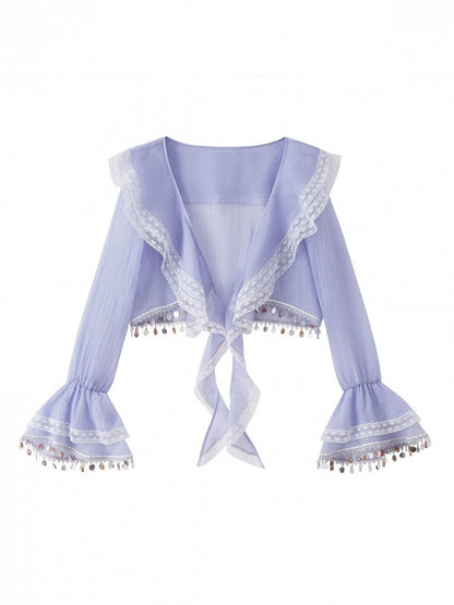 Lavender Flare Jacket with Lace and Pendant Detail - Zao Jing Ji