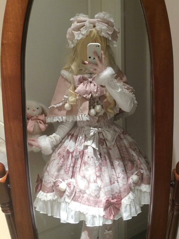 Bow Lolita Strawberry Sweet with Pink Print Jumper Skirt Accents and Kitty