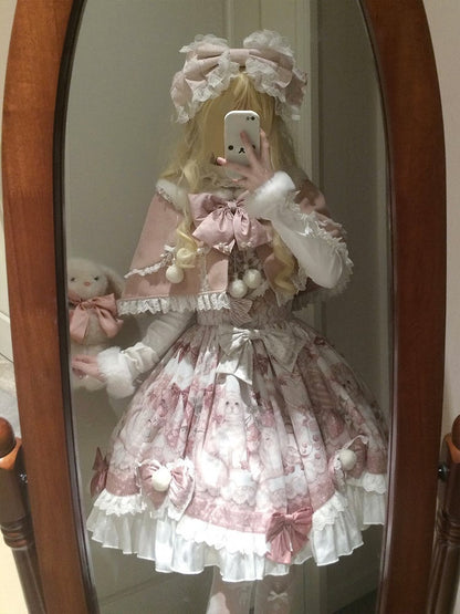 Bow Lolita Strawberry Sweet with Pink Print Jumper Skirt Accents and Kitty