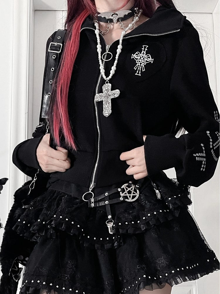 クロスとほろ苦いフード付き耳付き黒猫ハートデザインジャケット