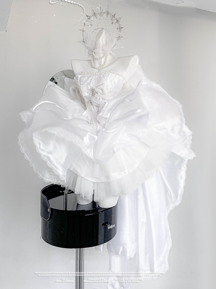 Rhinestones Balletcore Puffy Skirt White with Decorated Set Boned Corset Waist Strapless Top