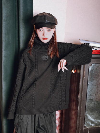 Cheongsam Black Turtleneck Gothic Sweater with Knit Embroidery Bird