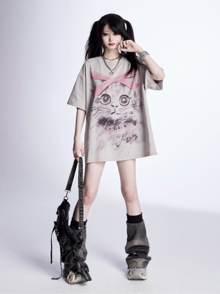 Print Gray Adorable Kitty Loose T-Shirt