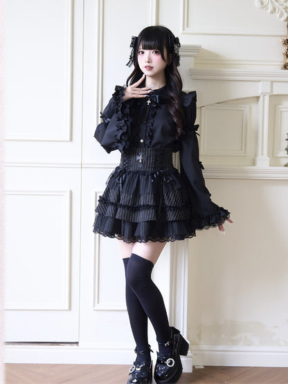 Jirai Kei Peter Sleeves Lolita Ruffled Lace Trim Pan Collar Black Blouse with Detachable Bell Gothic Bowknot