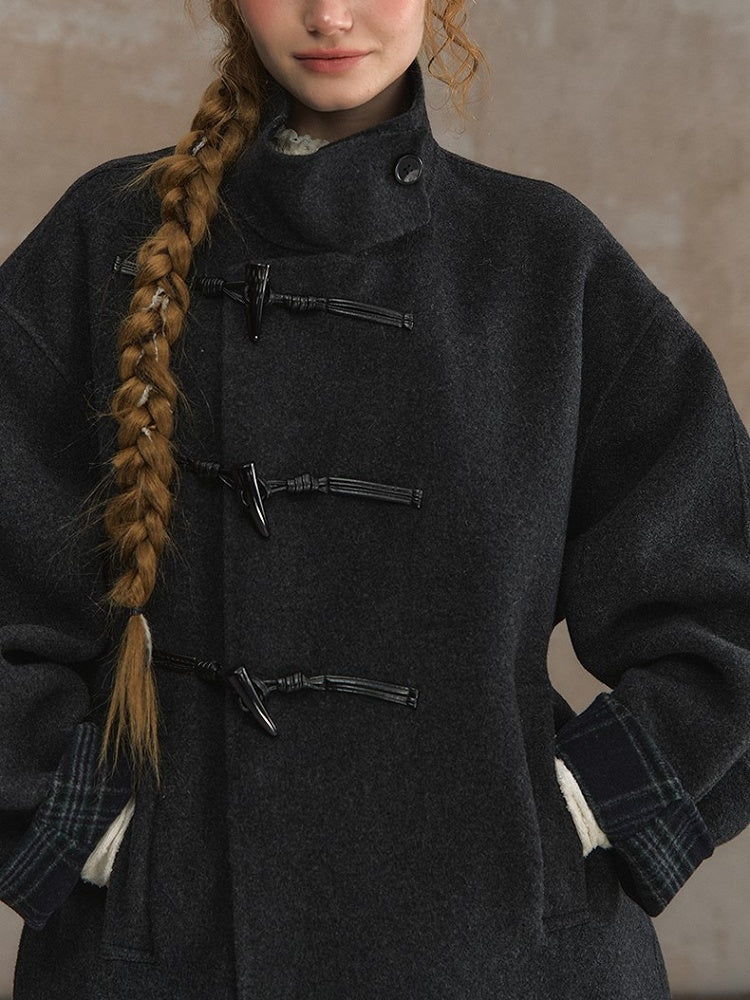 Overcoat Placket with Toggle Vintage Wool Gray Buttons Elegant Dark Blend Asymmetrical
