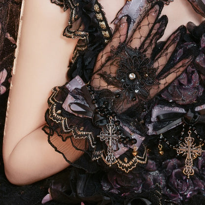 Black & Purple Bowknot Mesh Gloves with Bead Details - Cat Fairy Lolita