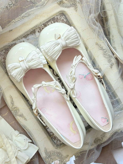 Toe Round Heart Bow Heels White with Details Accents Sweet Mid/Low Lolita