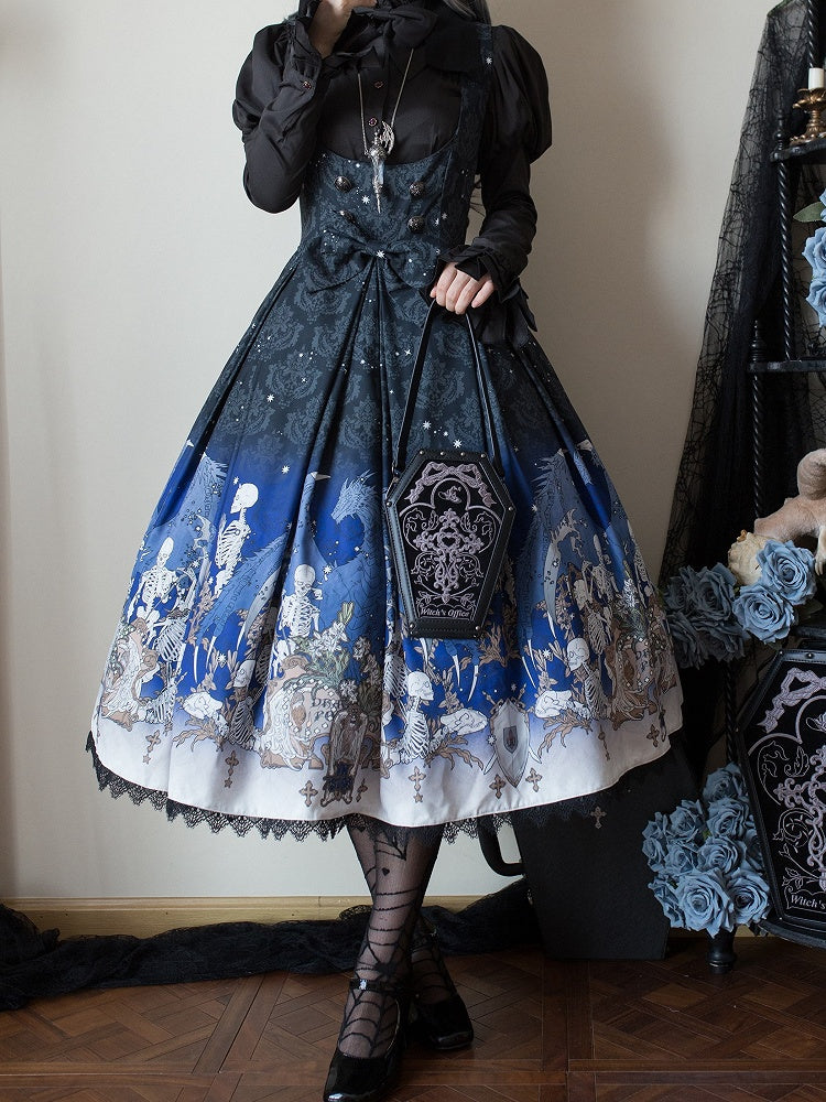 Blue Gothic Lolita and Under with Cross Bust Dress Black Lace Print Trim Skeleton