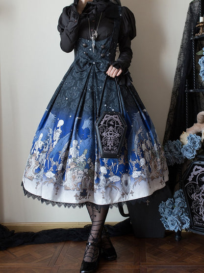 Blue Gothic Lolita and Under with Cross Bust Dress Black Lace Print Trim Skeleton