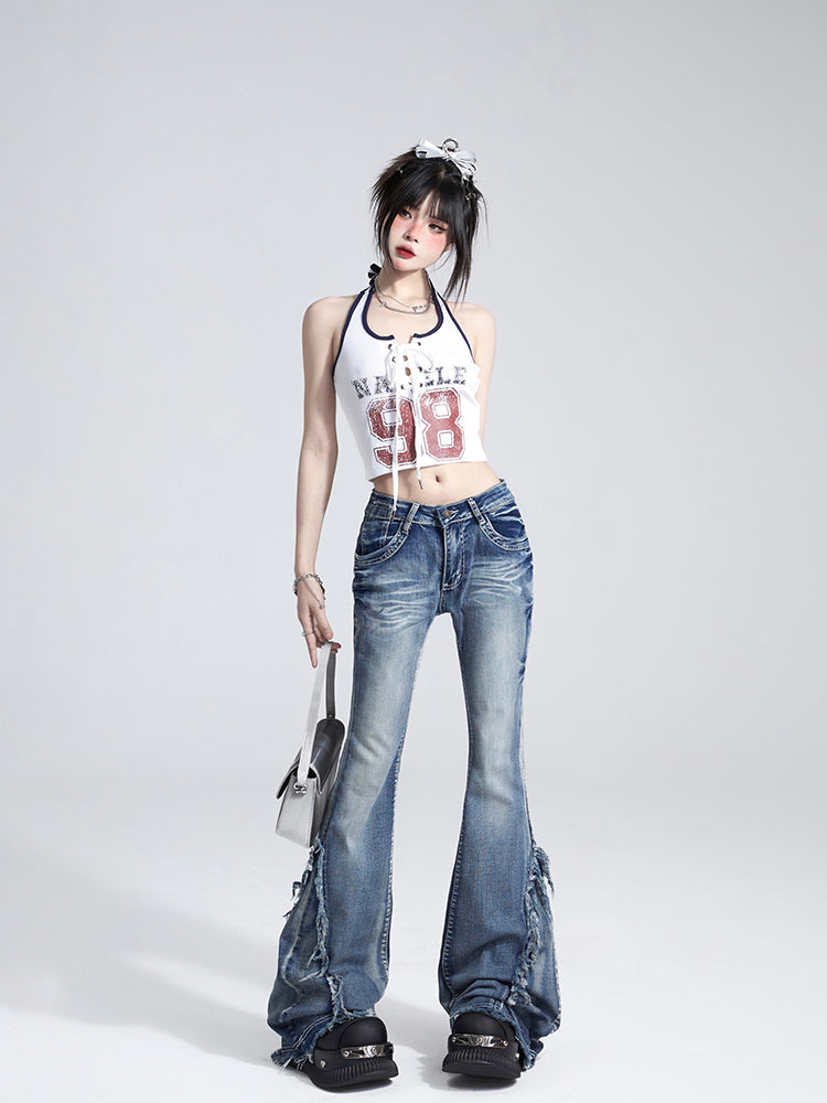 Crisscross Lace-ups Print Black Halter with Red Letter White Crop Top