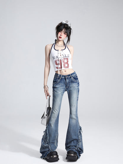 Crisscross Black Lace-ups Letter with Halter Top White Red Crop Print