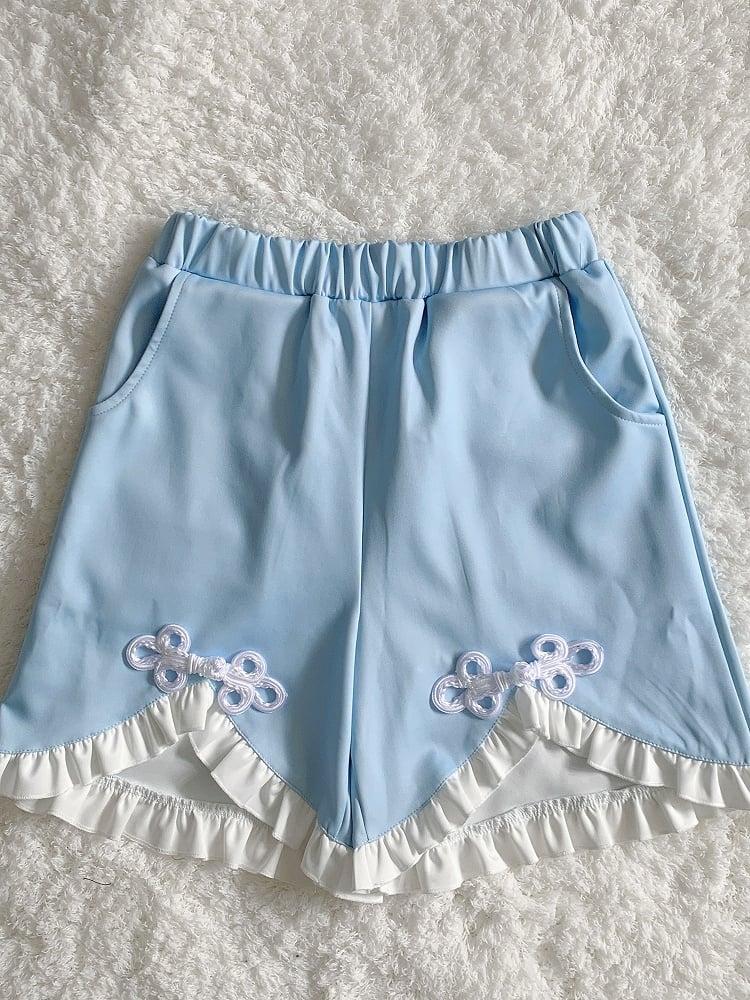 Tenshi Kaiwai Blue Jirai Kei フリルトリムノットボタンショーツ