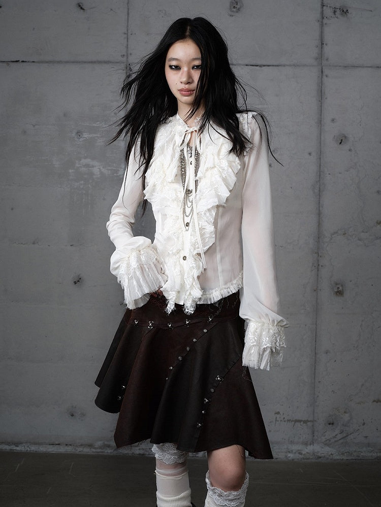 Vintage Flounce Tiered Princess Detail Beige Blouse Tie-Neck with Lace