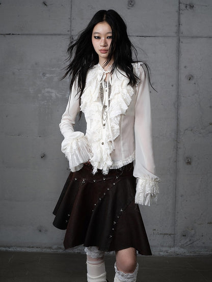 Vintage Flounce Tiered Princess Detail Beige Blouse Tie-Neck with Lace