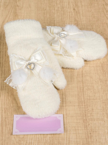 ジライケイ ミルクホワイト/ホワイト＆ピンク/ブラック リボンアクセント ニットグローブ