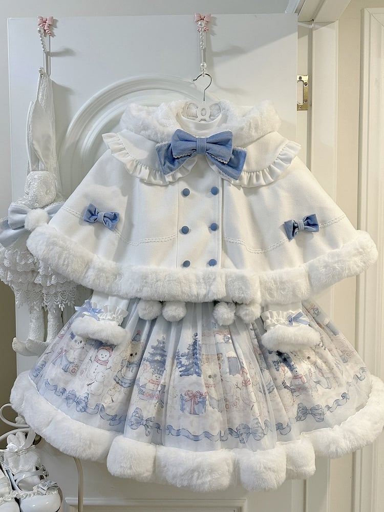 Winter Bows Blue Lolita Cape Hooded Ears Bear with White Sweet Plush