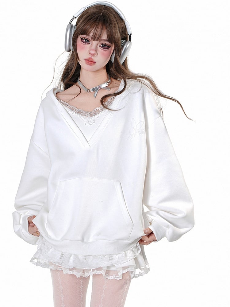 Grey/White Lace Trim V-neck Loose Hoodie Fake Two-piece