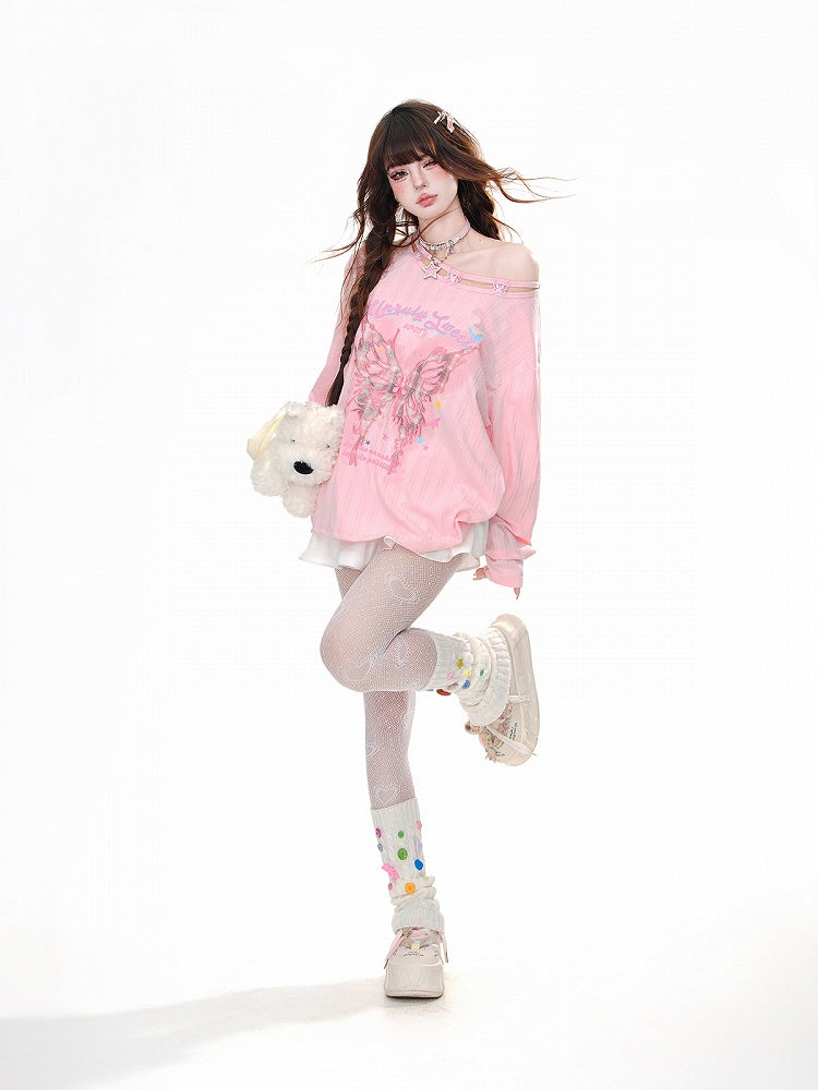 Graphic Pink/Apricot Asymmetrical Neckline Butterfly Embroidered Loose Top