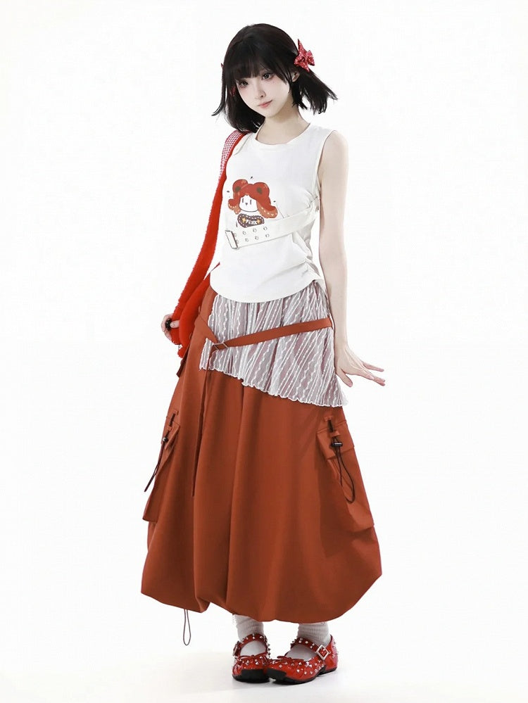 オレンジの伸縮性ウエスト、ドローストリングヘム、カーゴポケット、ロングバブルスカート