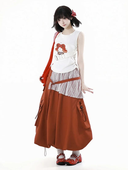 取り外し可能なバックルストラップ付きホワイトカートゥーンプリントコットンタンクトップ