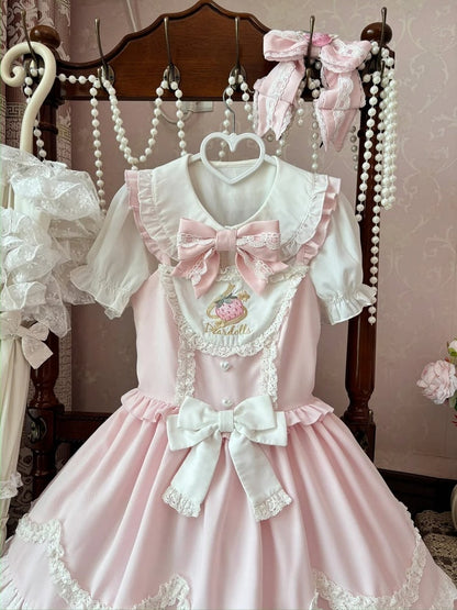 Erdbeerstickerei Rosa gewellter Rand JSK Leichtes süßes Lolita-Kleid