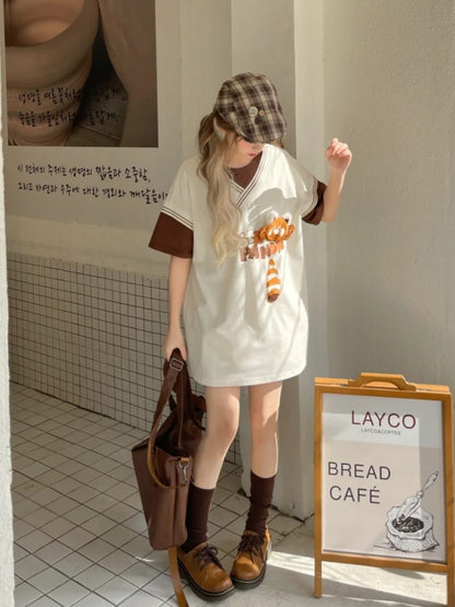 Long/Short Fashion Version T-Shirt with Detachable Plush Red Millard Panda Brown