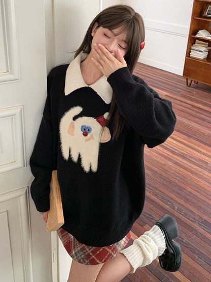 Cute Monkey Pattern Navy Blue Polo Collar Sweater