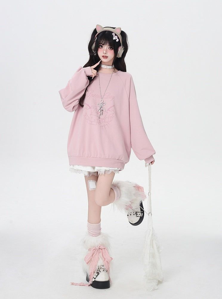 Round Neck Graphic Sweatshirt Self-tie Bowknot at Back Pink/Black