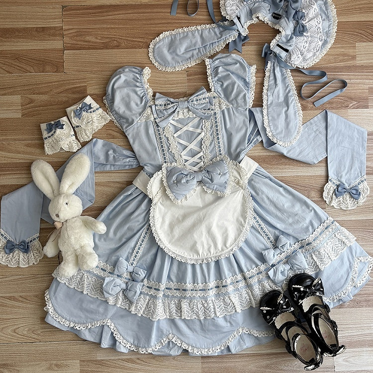 und kurzes Stück blau One Neckline Puff Old Lolita School Ärmel Baumwollkleid Square