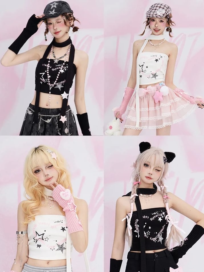 Black/White Stars Print Strapless Top with Free Scarf