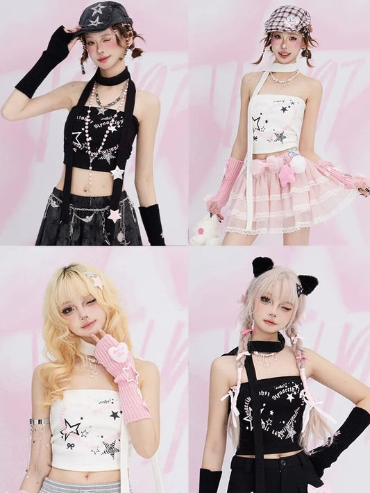 Black/White Stars Print Strapless Top with Free Scarf