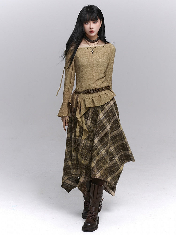with Belt Zipper Detachable Gothic Hem Skirt Plaid Side Coffee Handkerchief